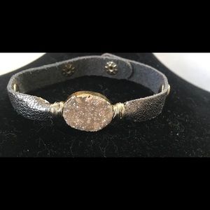 Erimish silver leather bracelet with druzy stone